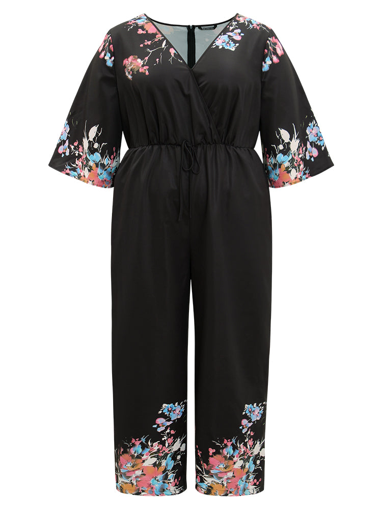 Boho Print Drawstring Pocket Flutter Sleeve Jumpsuit