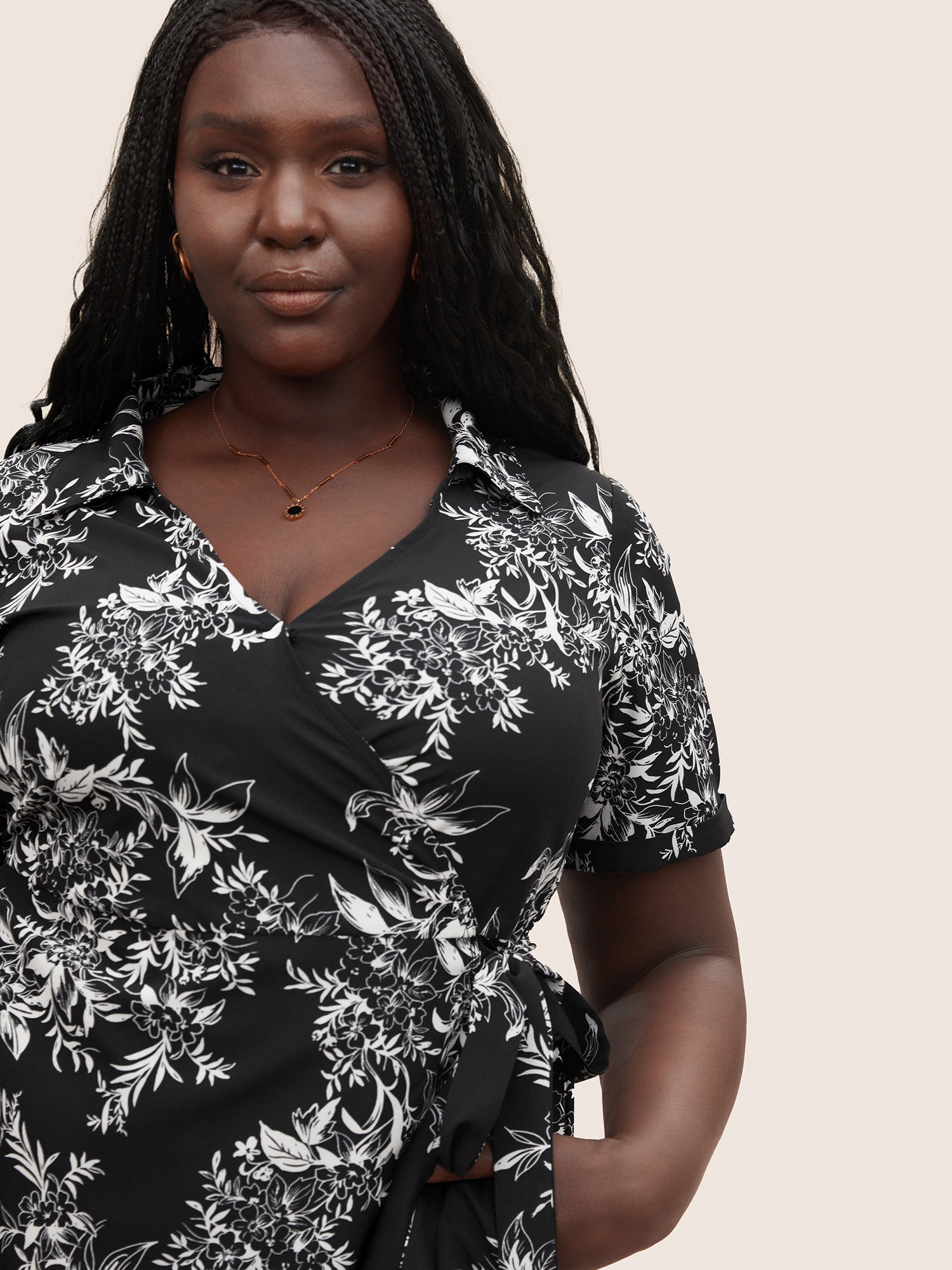 Silhouette Floral Print Ties Lapel Collar Dress