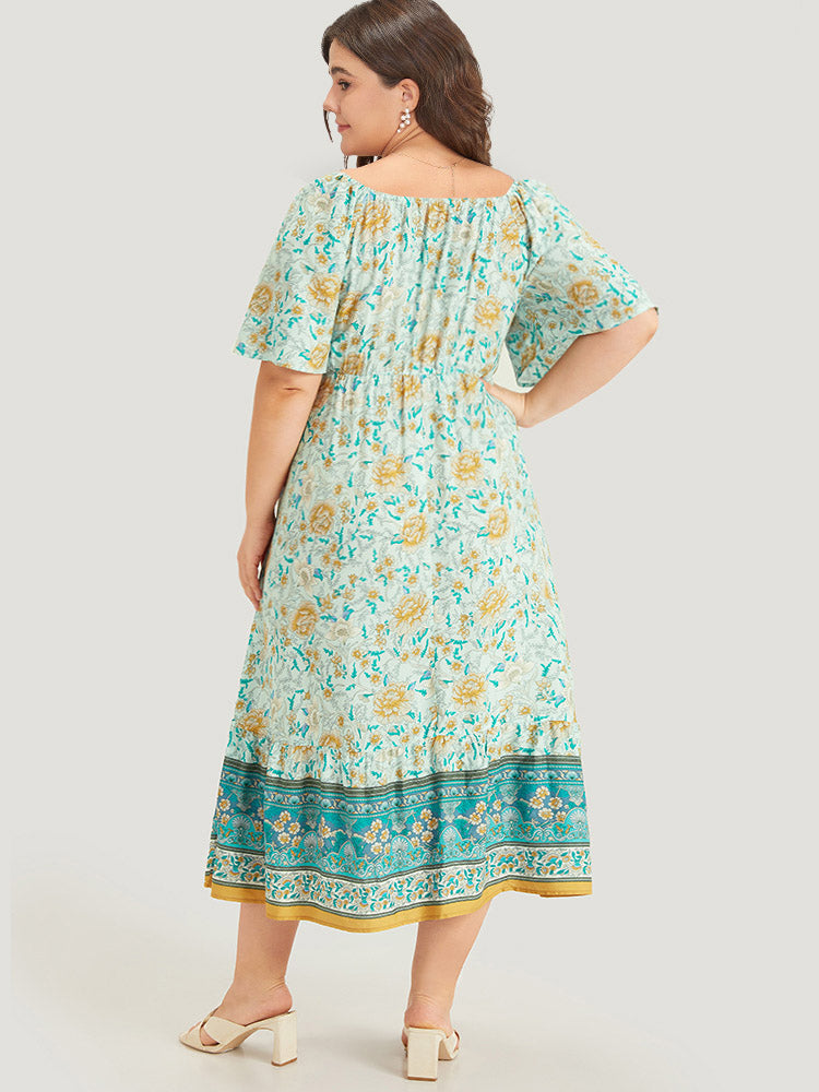 Floral Print Shirred Square Neck Dress