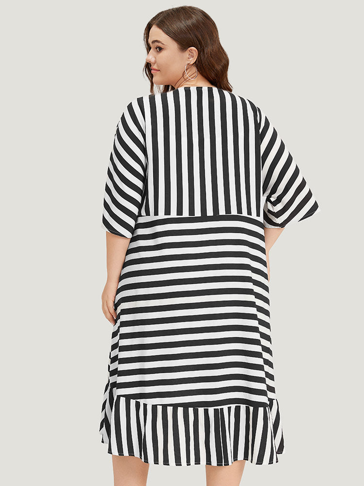 Striped Ruffle Hem Pocket Open Front Kimono