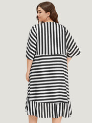 Striped Ruffle Hem Pocket Open Front Kimono