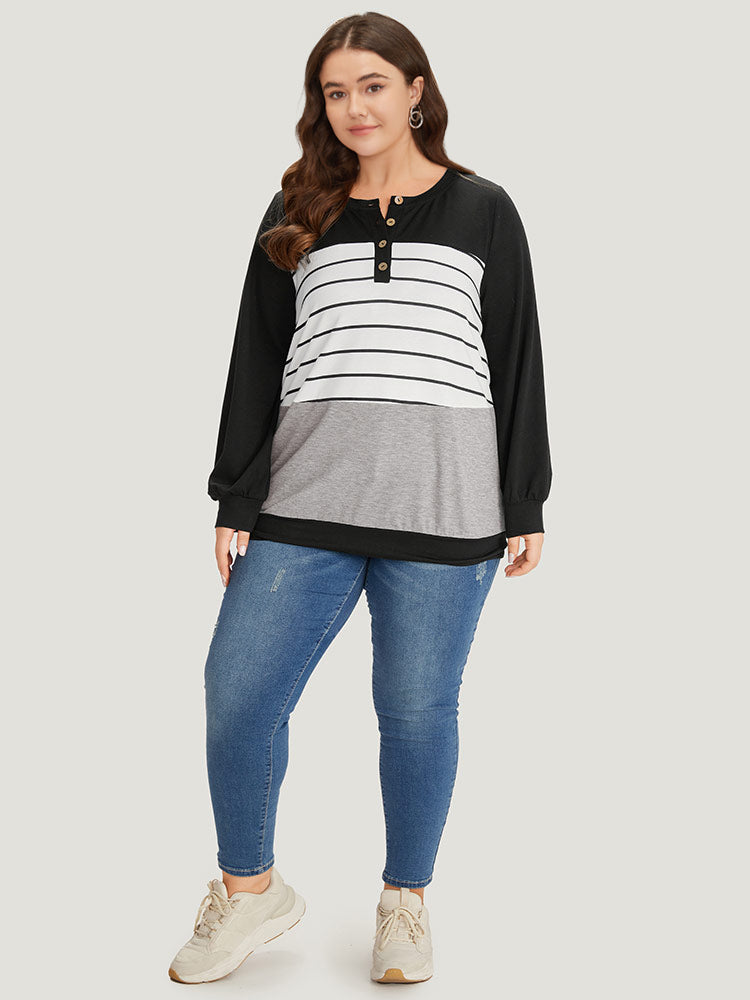 Striped Contrast Button Up Elastic cuffs Sweatshirt