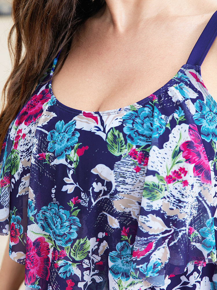 Floral Print Asymmetrical Tiered Hem Ruffles One Piece Swimsuit