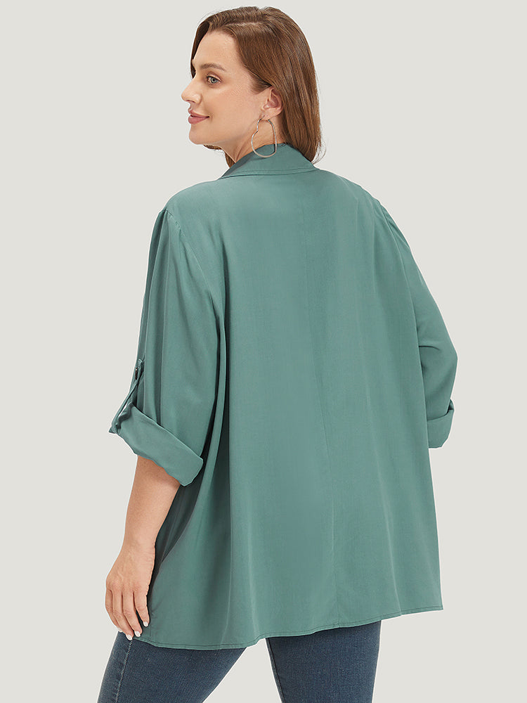 Solid Pocket Asymmetrical Neck Roll Tab Sleeve Jacket