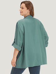 Solid Pocket Asymmetrical Neck Roll Tab Sleeve Jacket