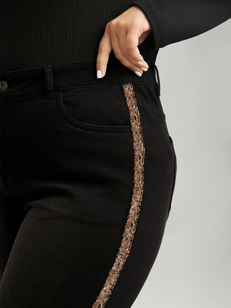 Sequin Patchwork Black Wash Straight Leg Jeans