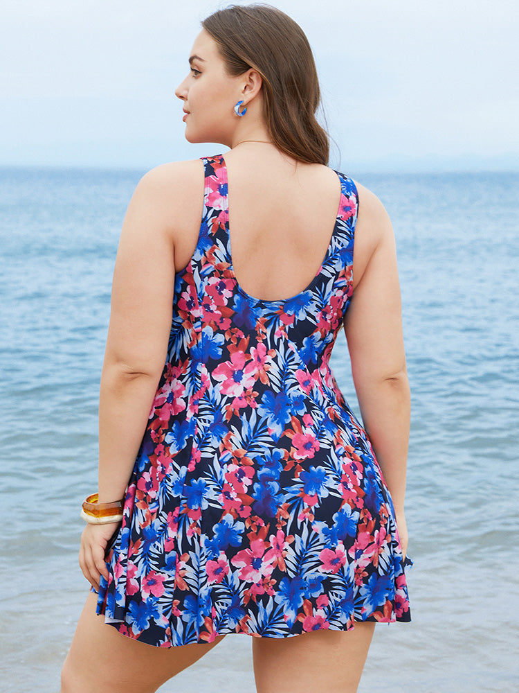 Floral Print Ruffles Sculpt Waist A Line Swim Dress