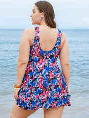 Floral Print Ruffles Sculpt Waist A Line Swim Dress