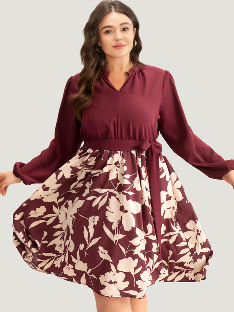 Silhouette Floral Print Belted Pleated Dress
