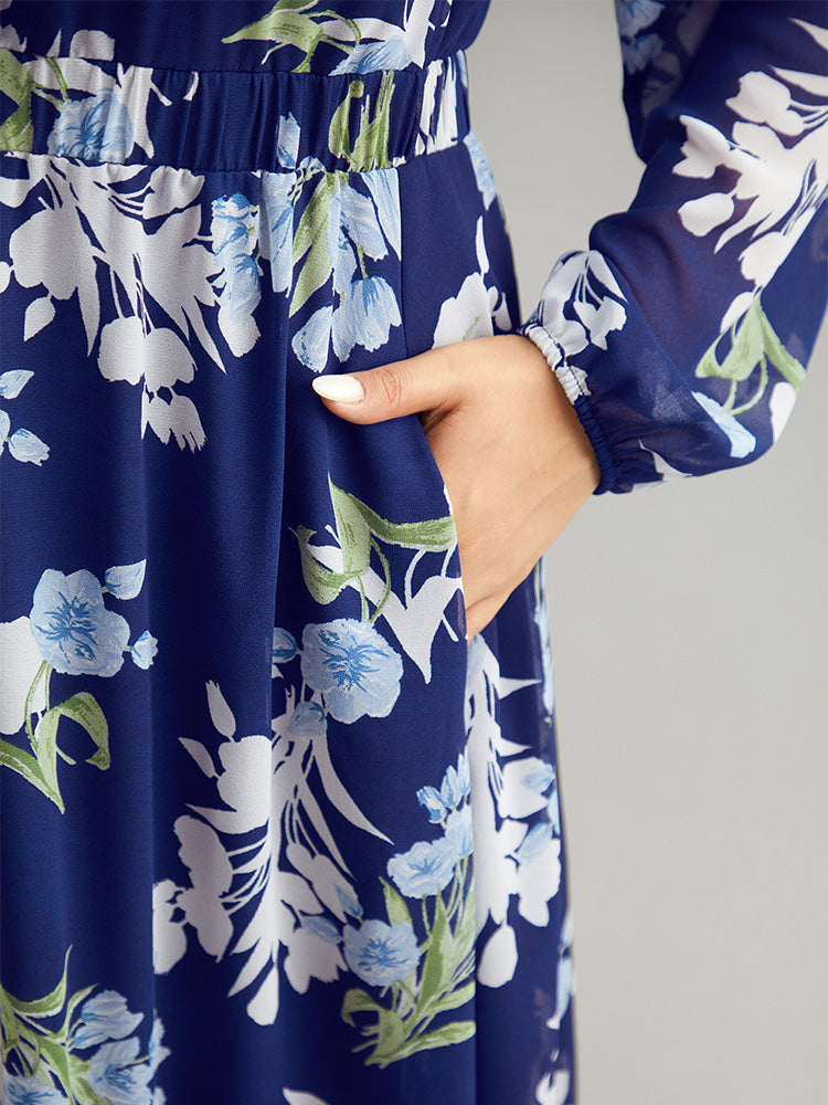 Floral Print Chiffon Pocket Elastic Waist Gathered Dress