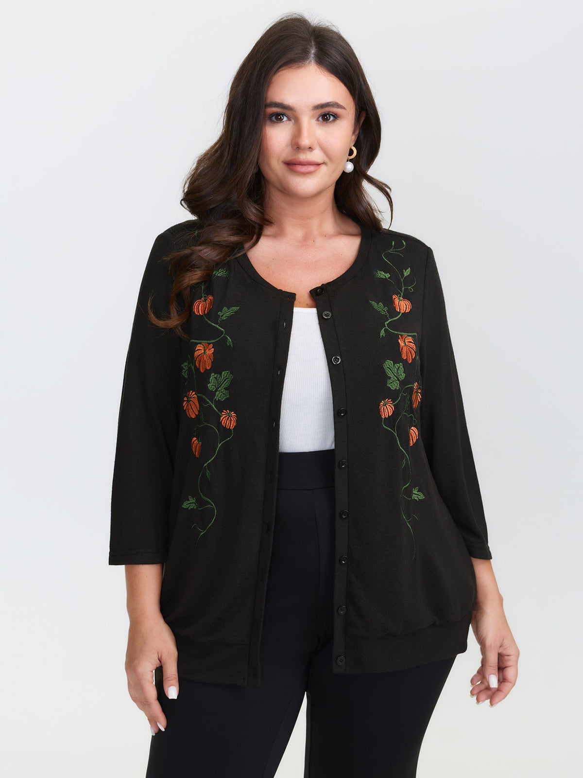 Floral Embroidery Stretch Knit Button Top