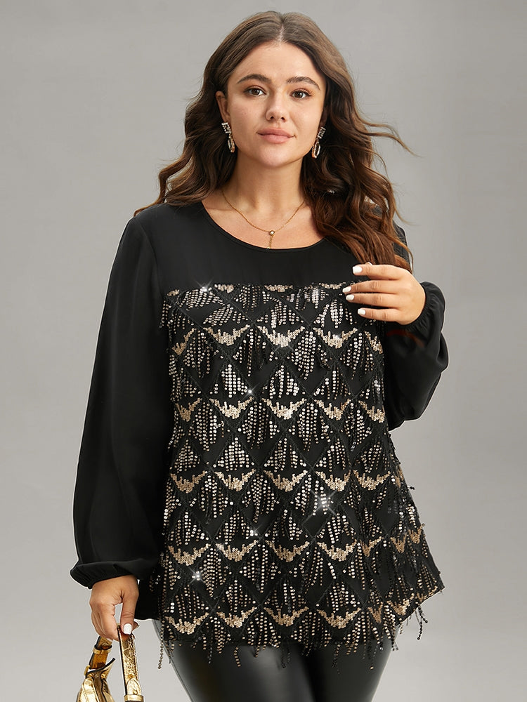 Sequin Tassel Trim Patchwork Lantern Sleeve Blouse