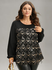 Sequin Tassel Trim Patchwork Lantern Sleeve Blouse