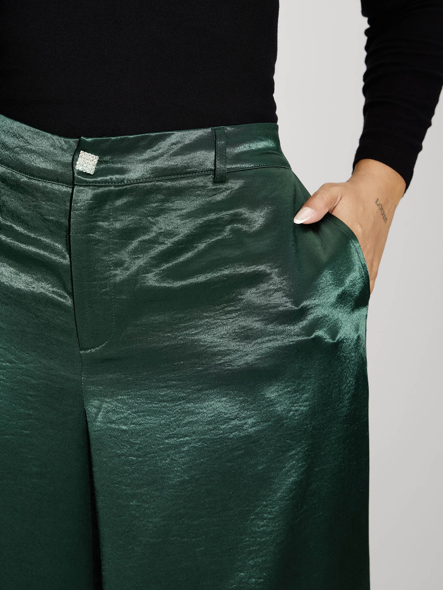 Satin Button Detail Straight-Leg Pants
