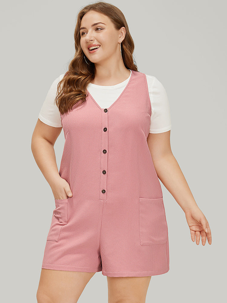 Solid Pocket Waffle Knit Button Detail Tank Romper