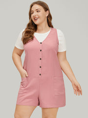 Solid Pocket Waffle Knit Button Detail Tank Romper