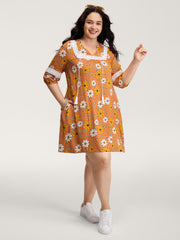 Floral Lace Trim Sheer Knee-Length Dress