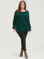 Solid Pointelle Knit Raglan Sleeve Button Detail Knit Top