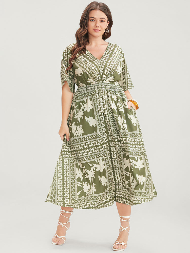 Floral Print Ruffles V Neck Shirred Pocket Split Hem Dress