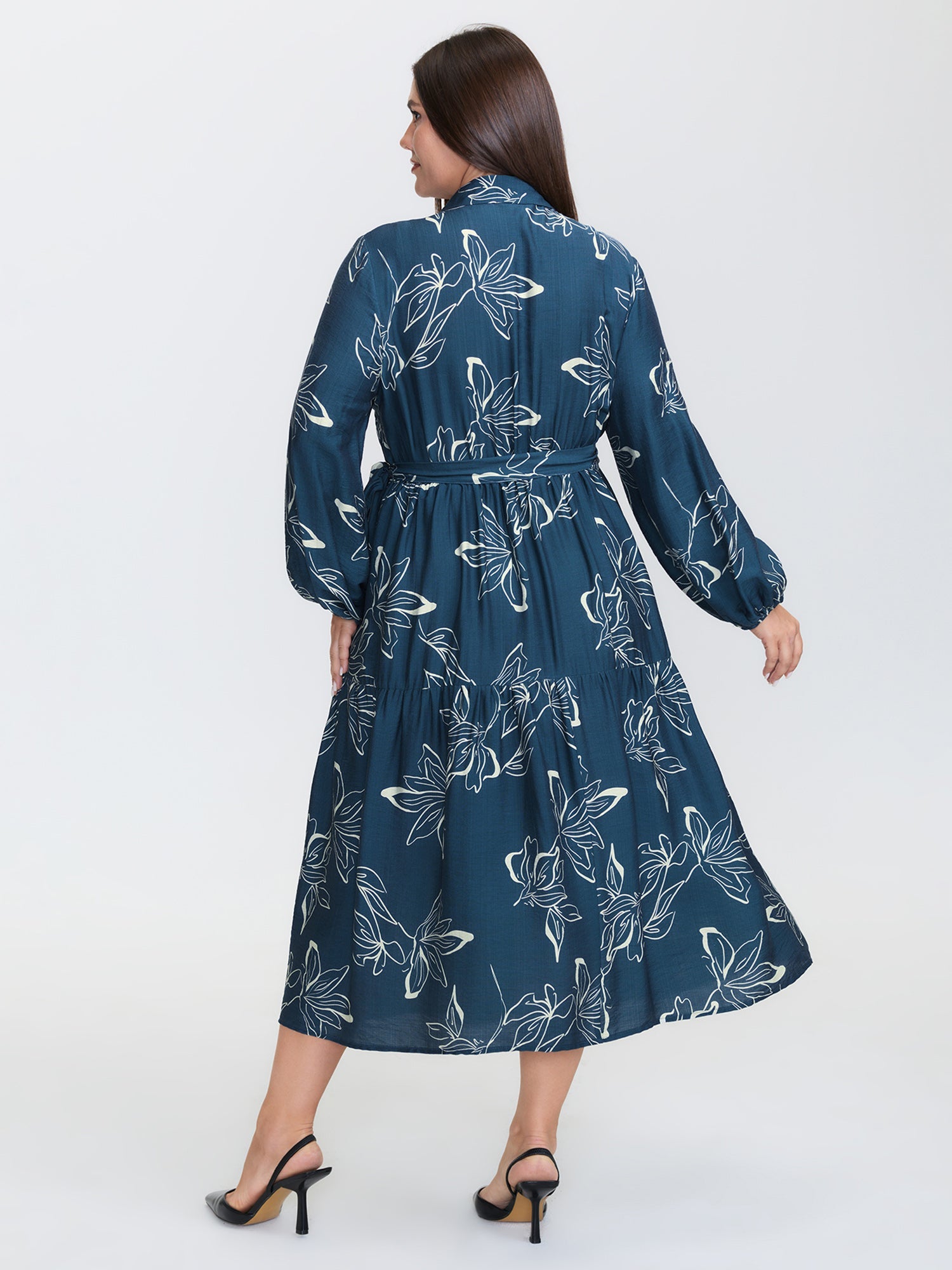 Silhouette Flower Print Wrap Neck Midi Dress