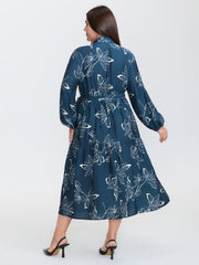 Silhouette Flower Print Wrap Neck Midi Dress
