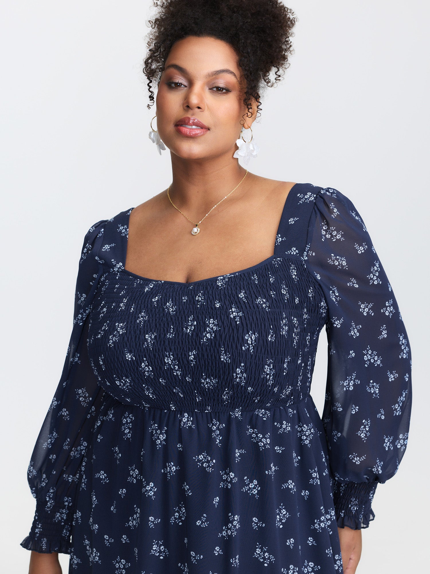 Floral Print Shirred Bodice Sheer Midi Dress