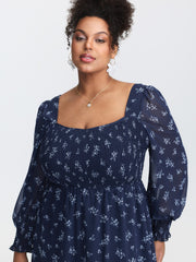 Floral Print Shirred Bodice Sheer Midi Dress