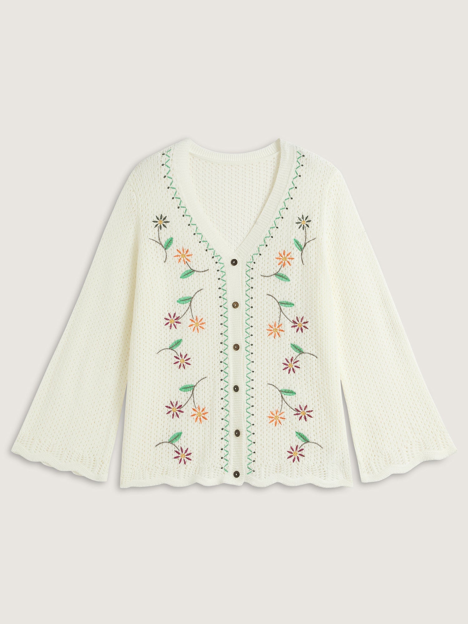 Floral Embroidery Flared Sleeve Knit Cardigan