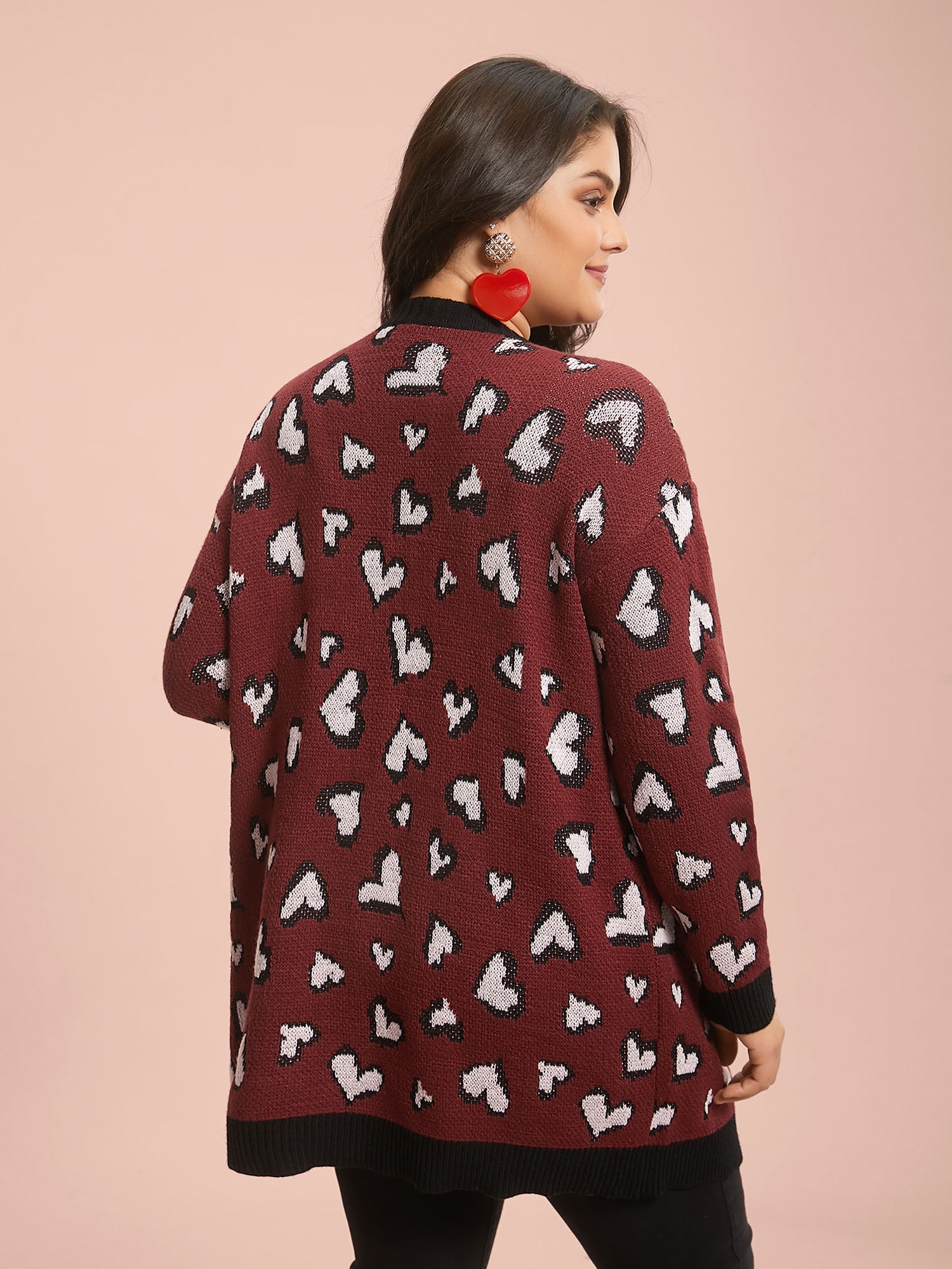 Hearts All Over Open Front Contrast Cardigan