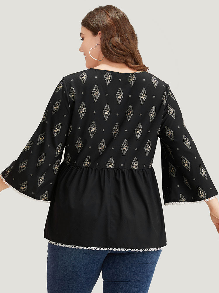 Boho Print Guipure Lace V Neck Bell Sleeve Blouse