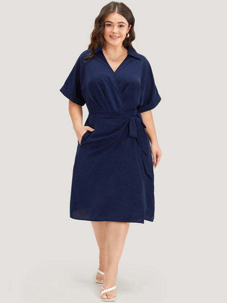 Shirt Collar Split Hem Wrap Pocket Knot Gathered Dress