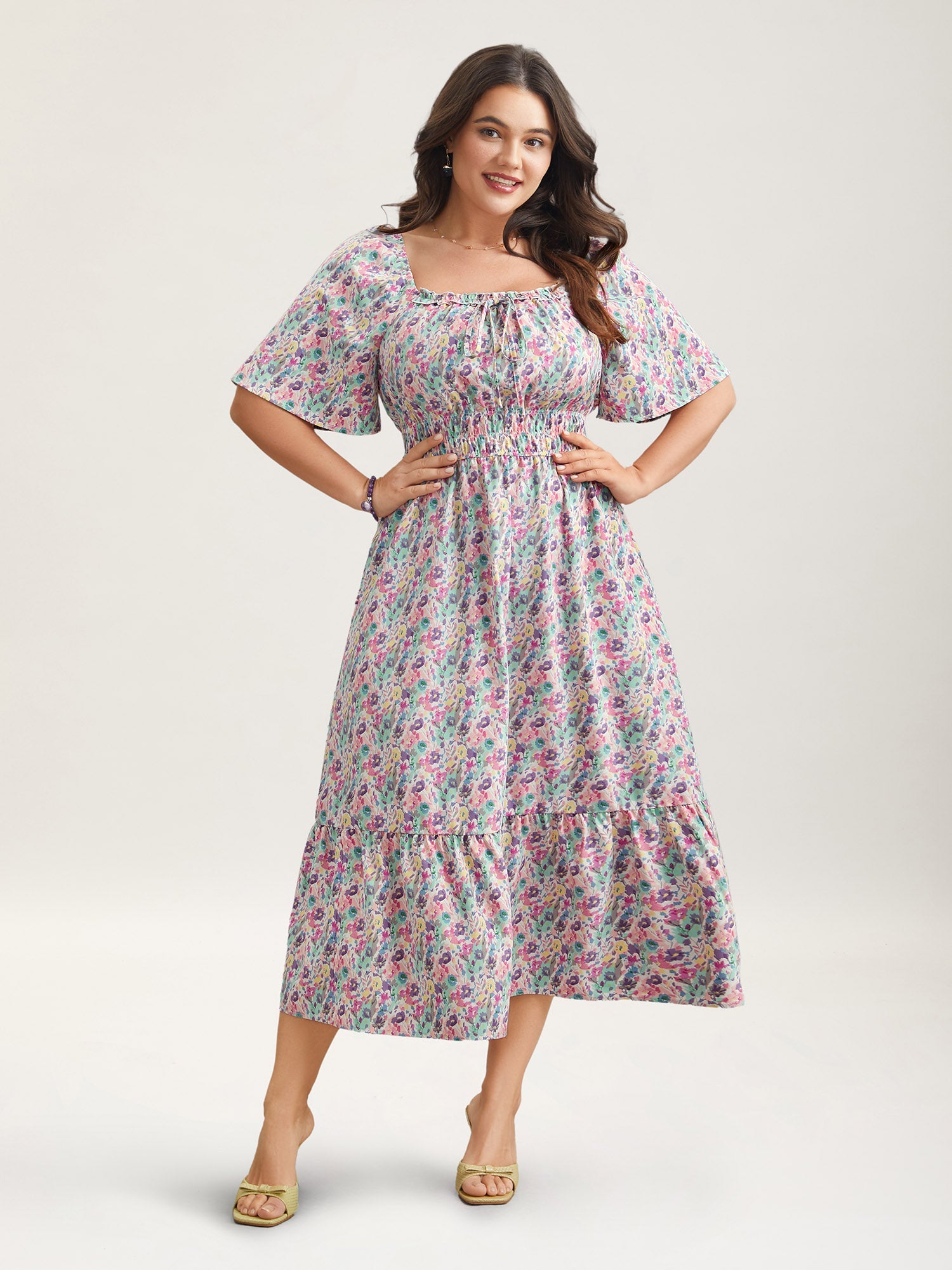 Smocked Waist Floral Ties Tiered Maxi Dress