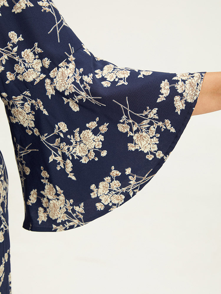 Floral Print Bell Sleeve Pocket Belted Jumpsuit