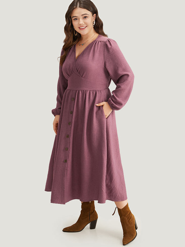 Twill Gathered Button Detail Lantern Sleeve Dress