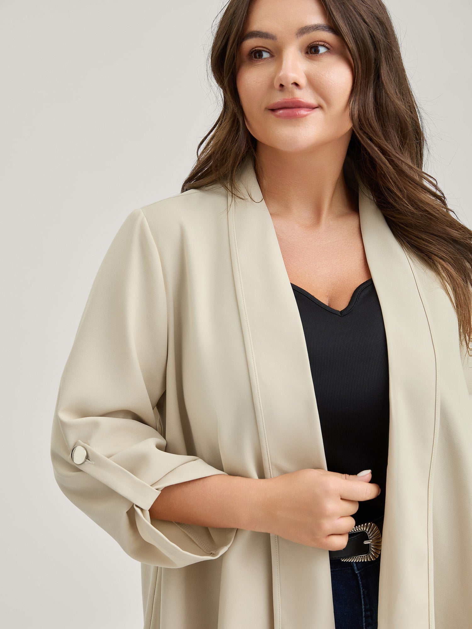 Tab Sleeve Open-Front Folded Hem Jacket