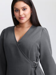 Side Buckle Cinched-Waist Faux Wrap Midi Dress