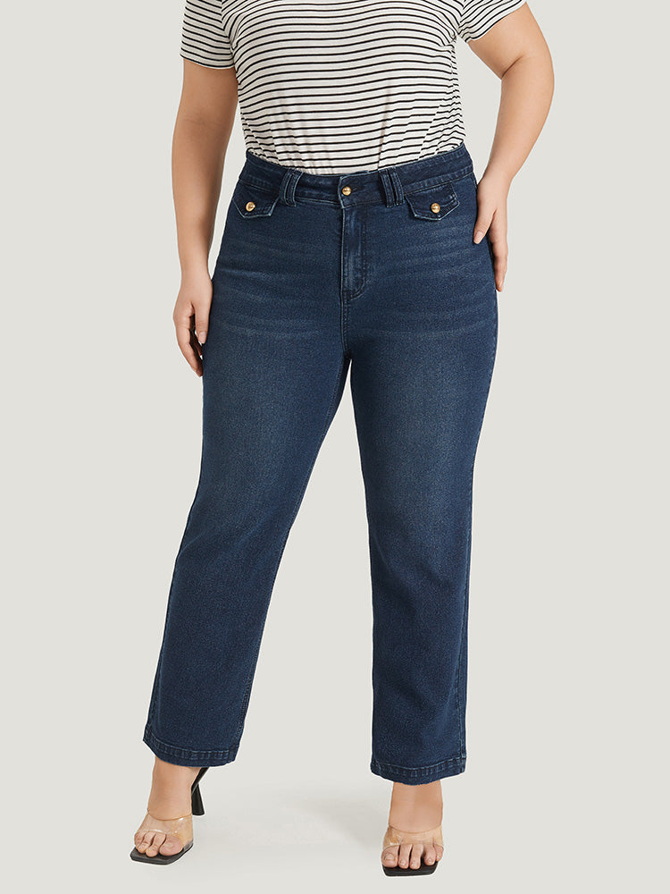Plain Button Detail High Rise Dark Wash Jeans