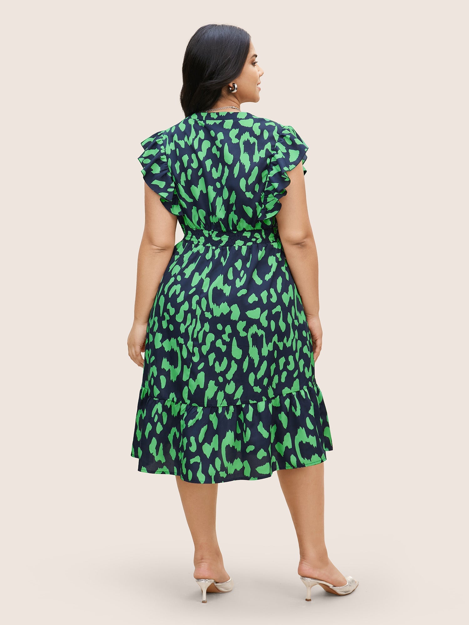 Notched Leopard Print Cap Sleeve Ruffles Dress