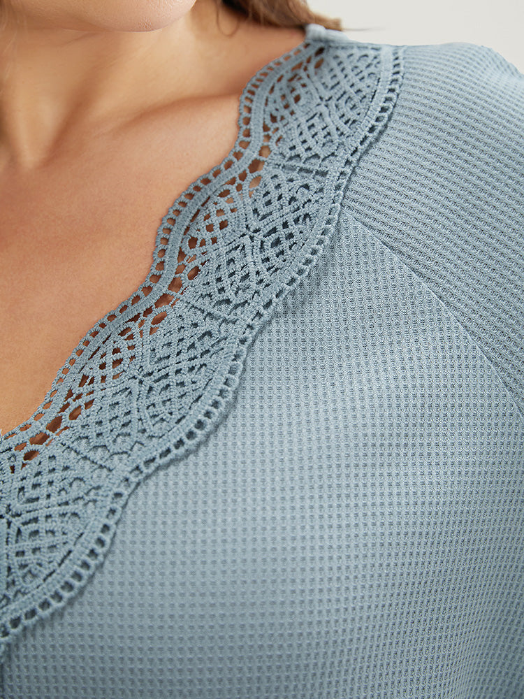 Solid Raglan Sleeve Contrast Lace Waffle Knit T-shirt