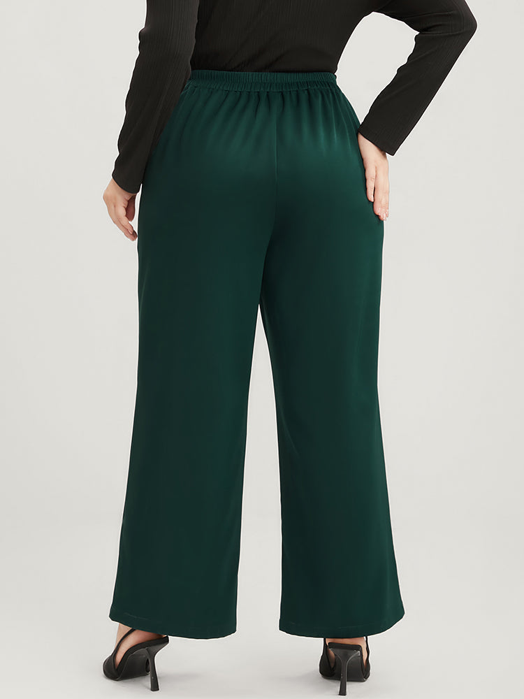 Solid O Ring Zipper Pocket Elastic Waist Wide Leg Pants