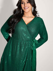 Sequin Wrap Neck Spliced Midi Dress