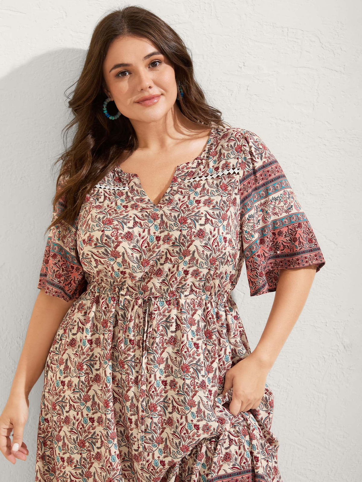 Floral Print Lace Waist Drawstring Maxi Dress