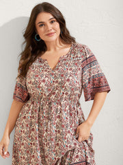 Floral Print Lace Waist Drawstring Maxi Dress