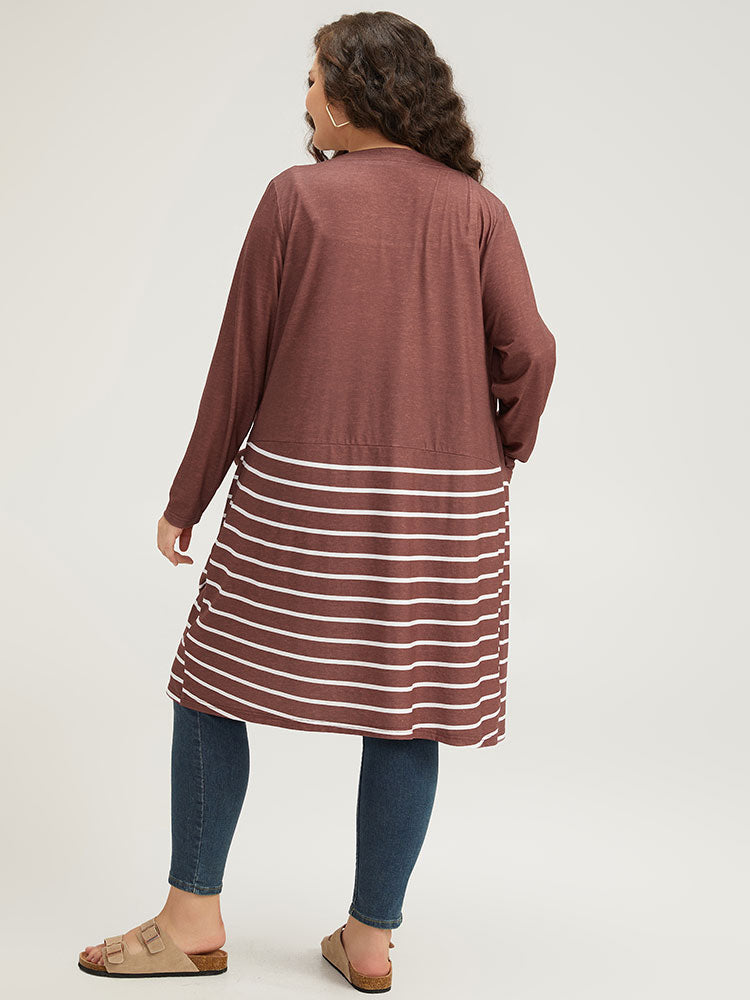 Striped Contrast Pocket Open Front Kimono