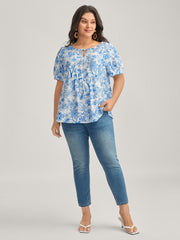 Silhouette Flower Print Neck Tie Blouse