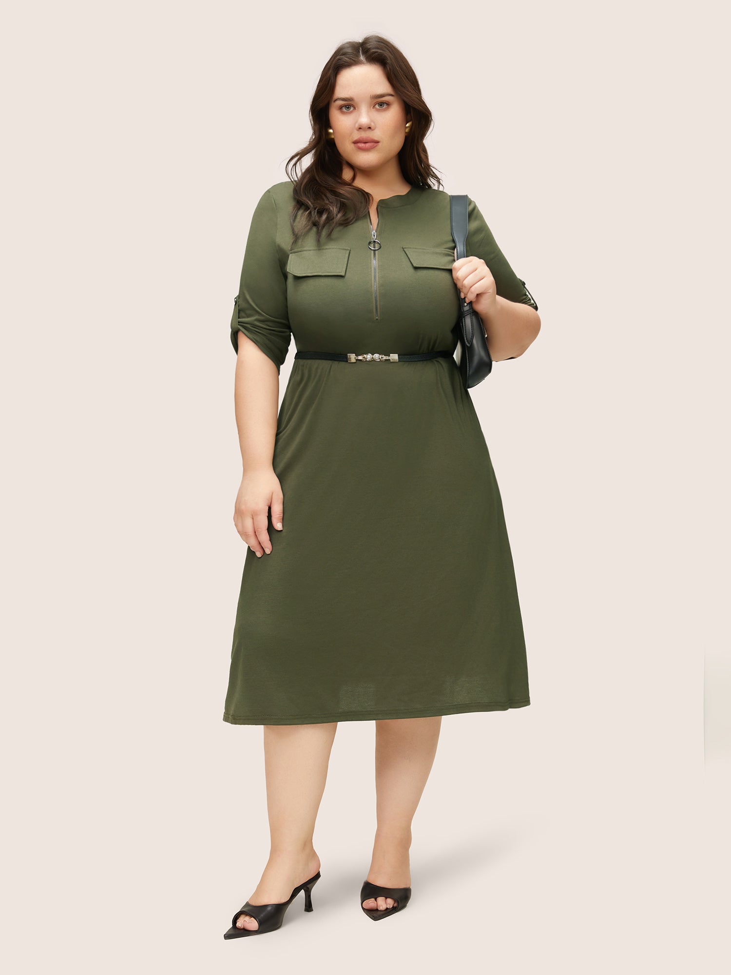 Plain Half Zip Flap Detail Tab Sleeve Dress