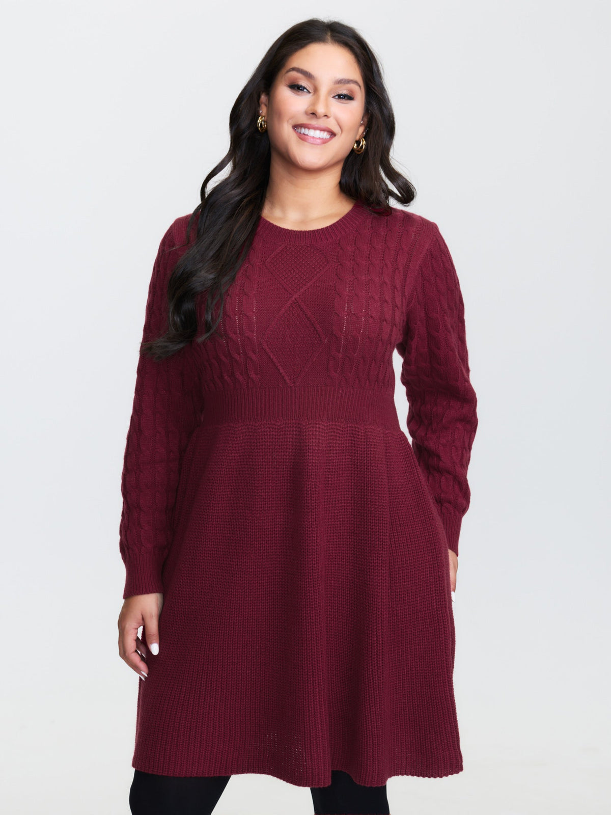 Textured Cinched-Waist A-Line Sweater Dress