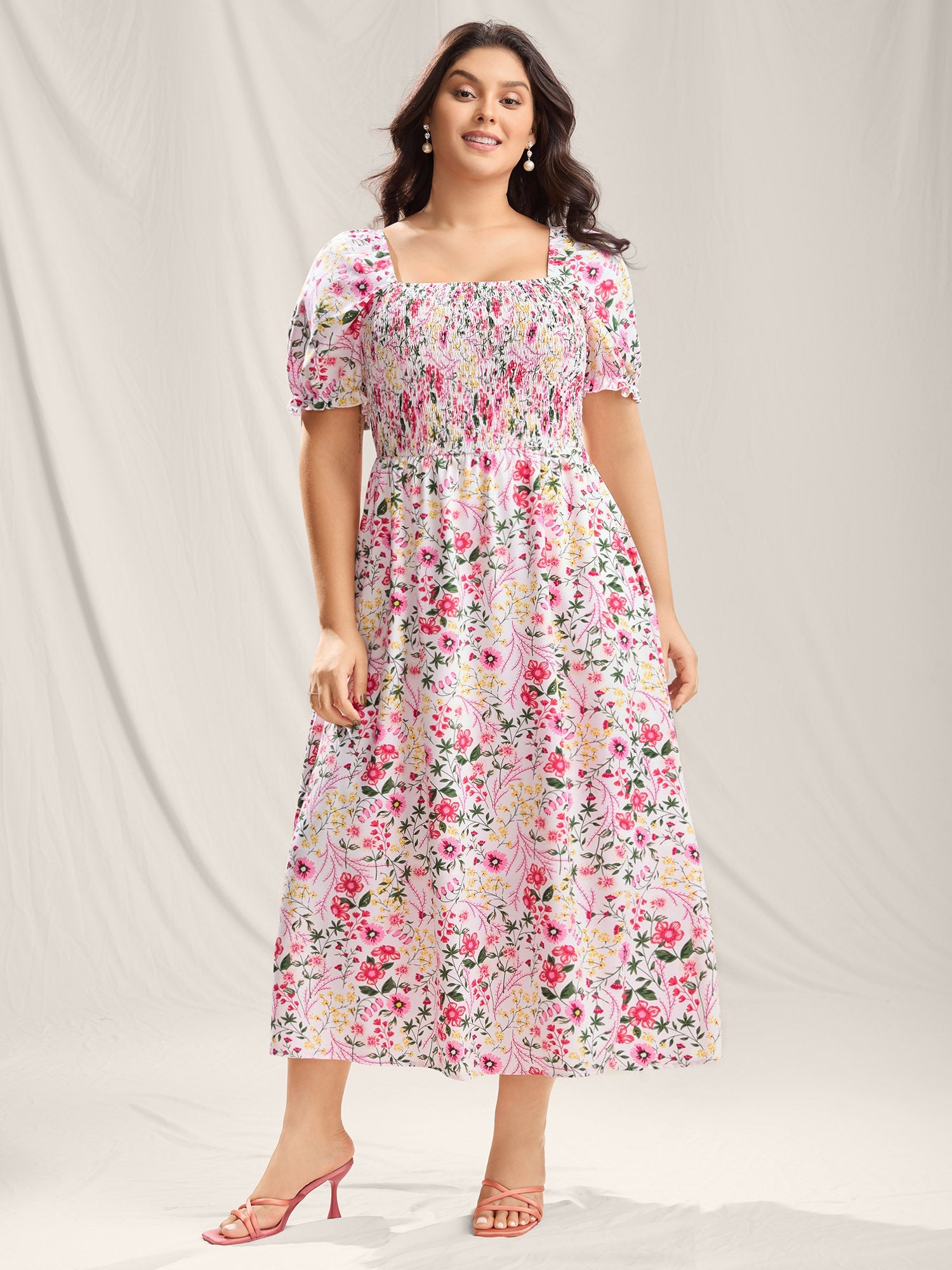 Shirred Floral Print Pockets Maxi Dress