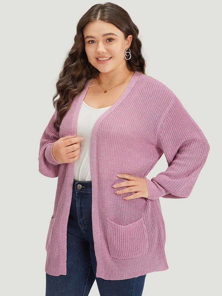 Solid Patched Pocket Lantern Sleeve Open Front Cardigan