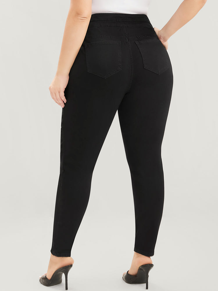 Skinny Slightly Stretchy High Rise Black Wash Button Detail Pocket Jeans